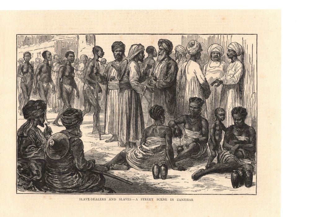 Omani enslavers and Indian financiers examine African slaves in the market in Zanzibar, Graphic, 3 May 1887